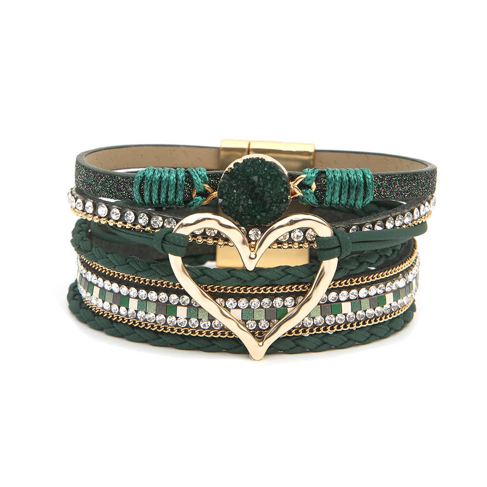 Bohemian Heart Rhinestone Magnetic Buckle Bracelet: White / Alloy / ONE SIZE