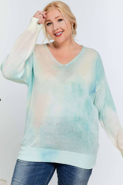 PLUS TIE DYE ACCENT V-NECK PULLOVER SWEATER TOP: Light Blue