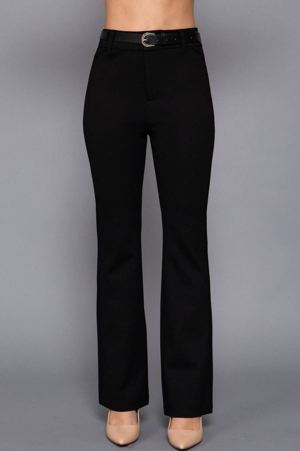 Semi Flare Ponte Pants with Leather Belt: BLK-black / L