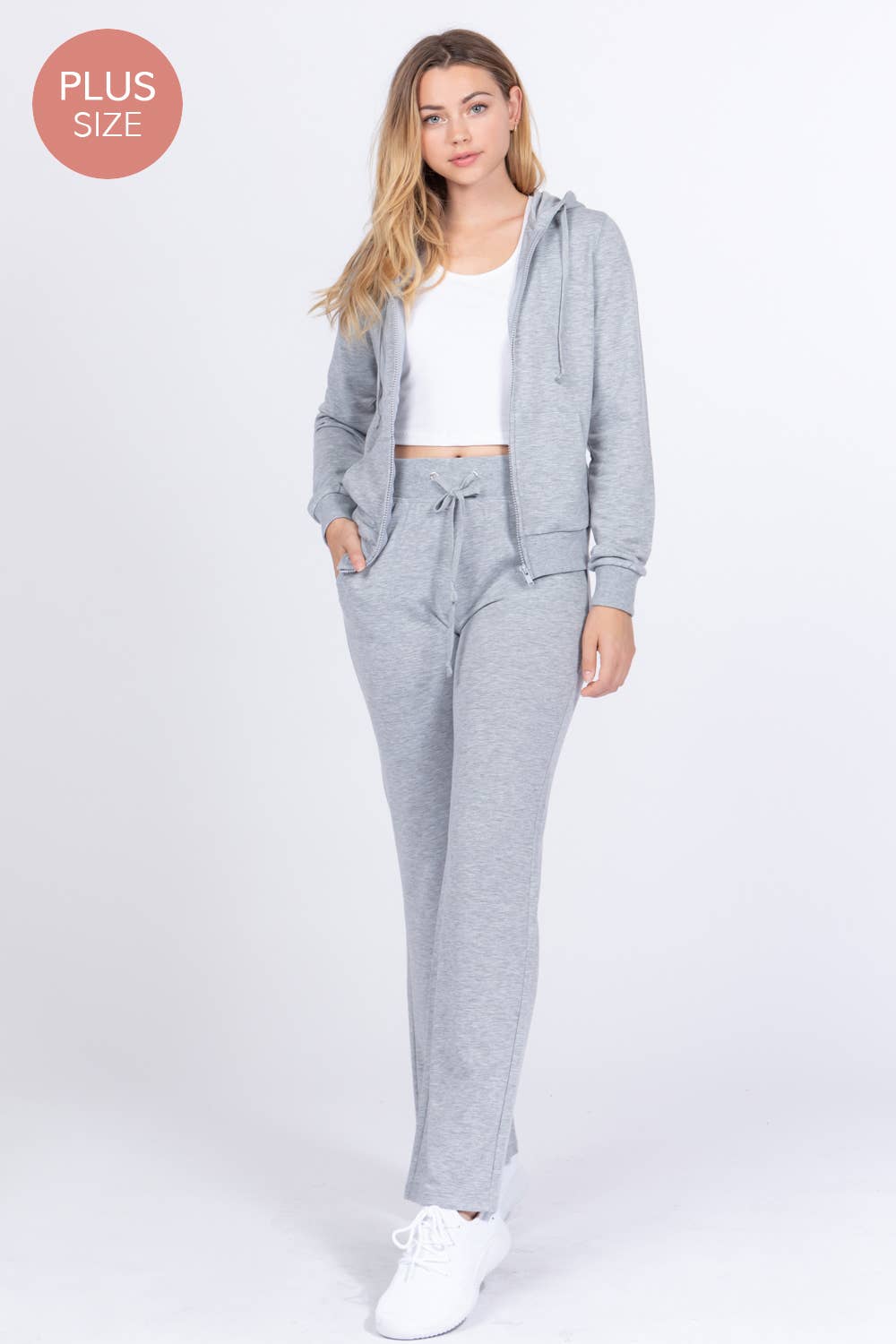 [PLUS SIZE] Long Slv Hoodie Jacket & Pants Sweatsuit Set  : IVY-cream