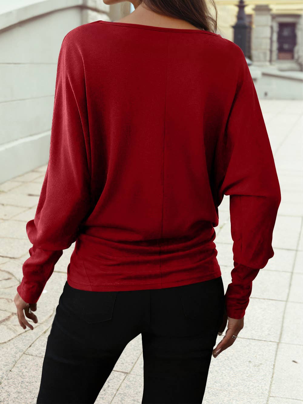 Solid Color Extended Cuffs Long Sleeve Top: Red Dahlia