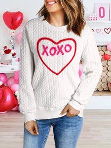 Heart XOXO Chenille Embroidered Textured Sweatshirt: White