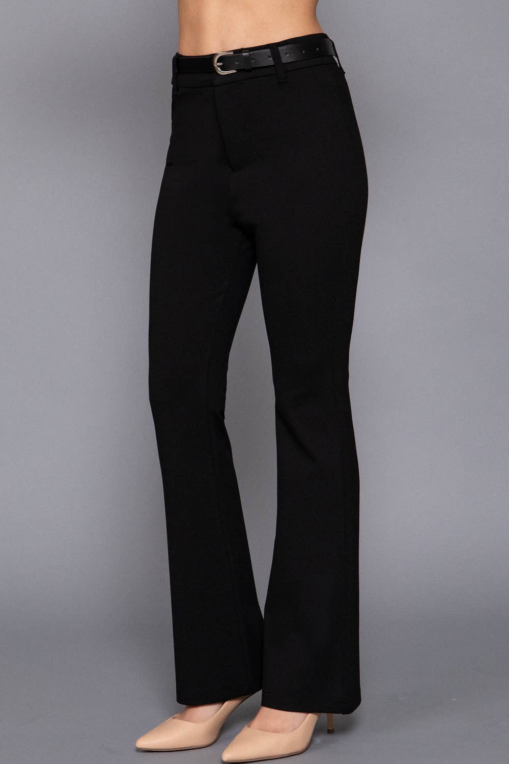 Semi Flare Ponte Pants with Leather Belt: BLK-black / L