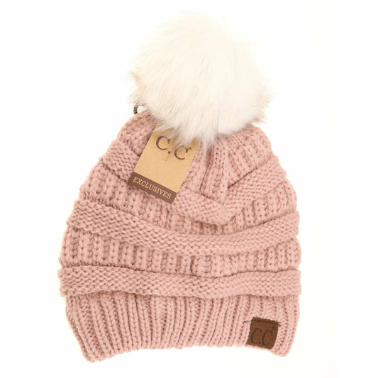 Classic Matching Fur Pom CC Beanie: Rose/Ivory