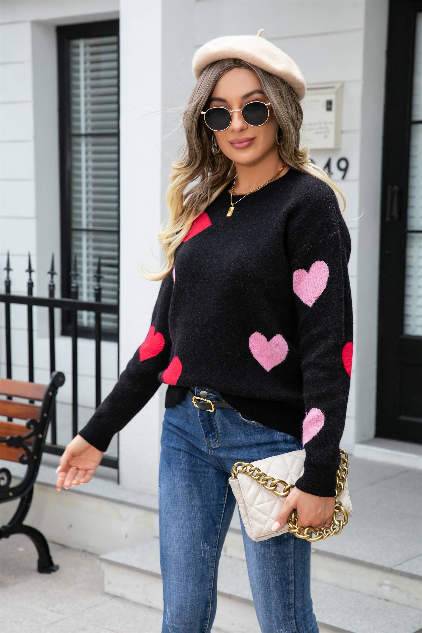 Heart Print Knit Sweater SZ53-SW9206: Black