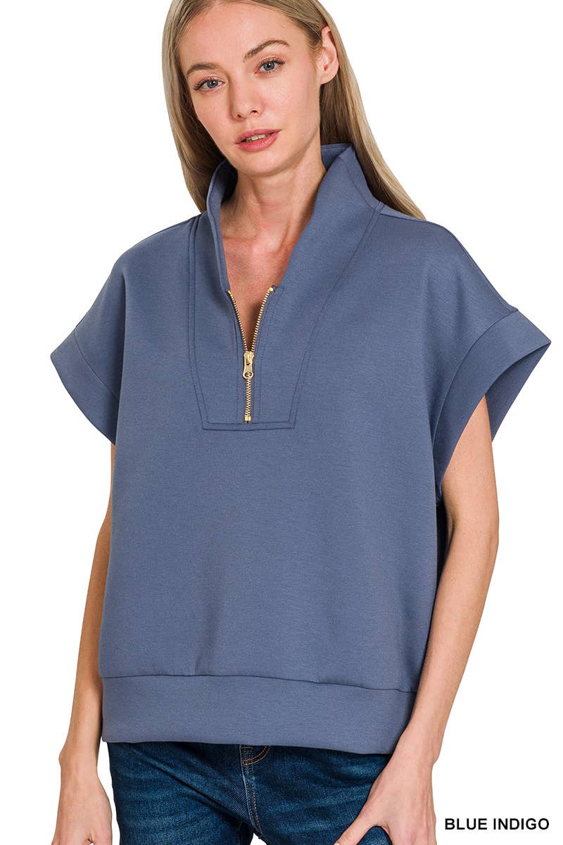 Zenana Scuba High Neck Half Zip Vest: BLUE INDIGO