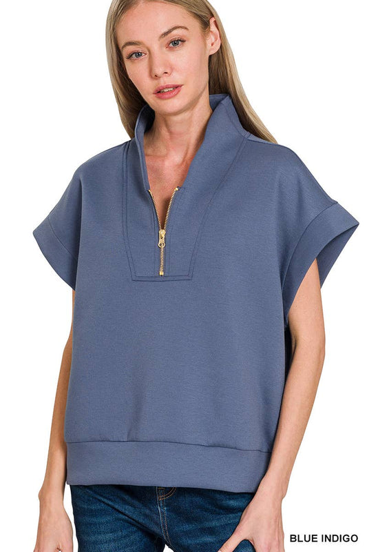 Zenana Scuba High Neck Half Zip Vest: BLUE INDIGO