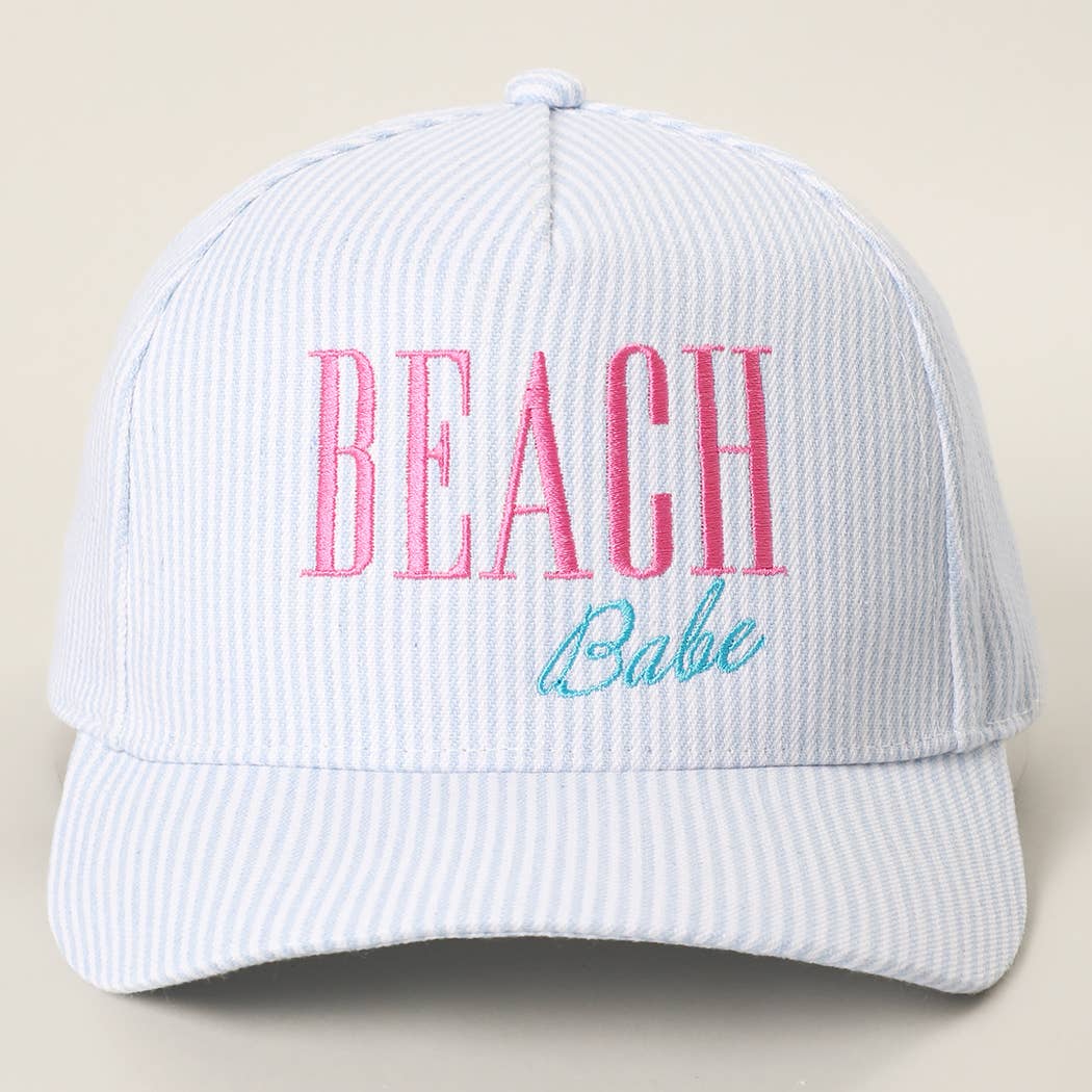 BEACH BABE Embroidered Seersucker Stripe Trucker Hat: BLUE
