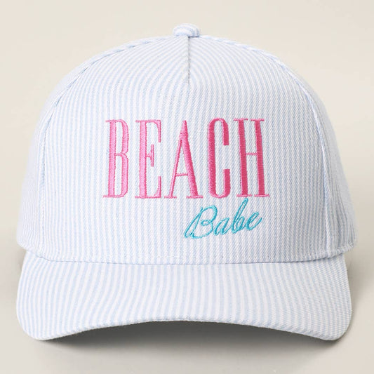 BEACH BABE Embroidered Seersucker Stripe Trucker Hat: BLUE