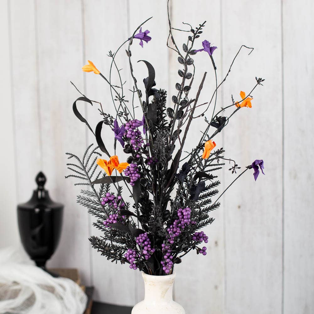 Halloween Black Orange Floral and Berry Spray Color: Black/Orange/Purple