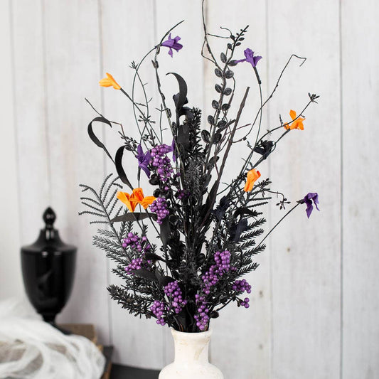 Halloween Black Orange Floral and Berry Spray Color: Black/Orange/Purple