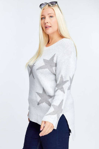 PLUS STAR PRINT LONG SLEEVE ROUND NECK SWEATER: Grey