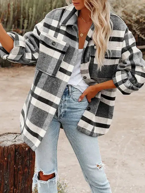 Black and White Plaid Button Flannel Shirt Jacket