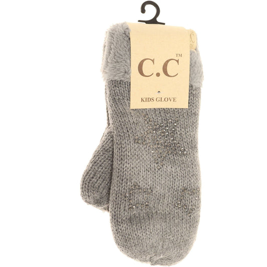 Kids Rhinestone Star Fuzzy Lined Mittens: Lt. Grey