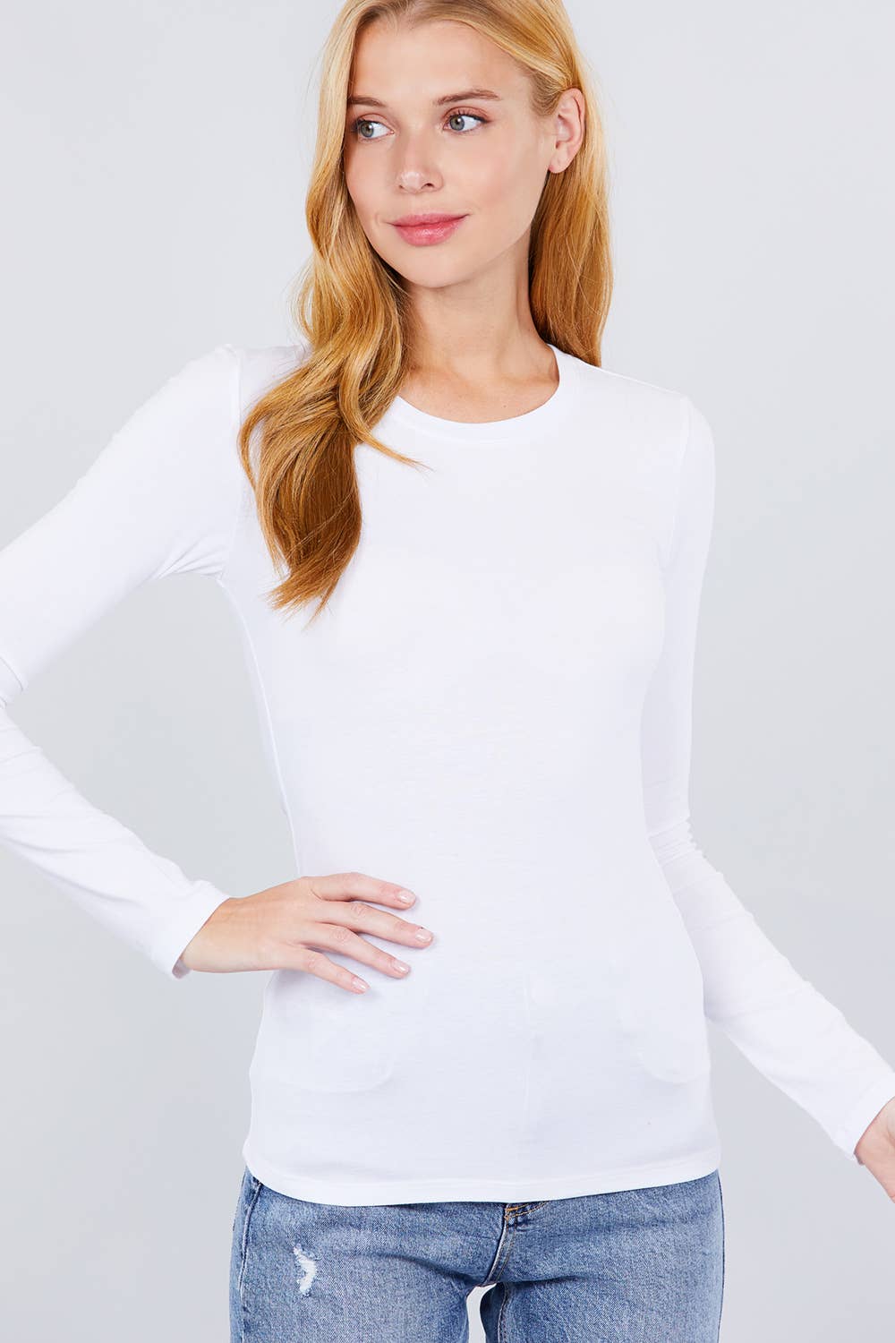 Long Sleeve Crew Neck Cotton Spandex Jersey Top:white