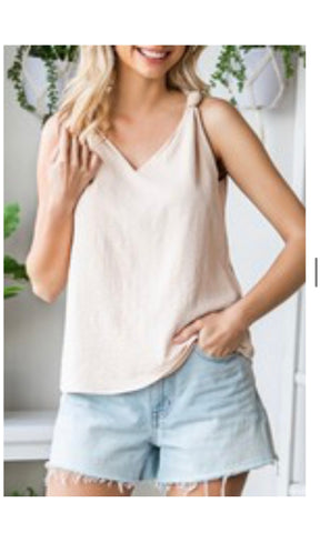 Vneck Beige Knotted Shoulder Tank