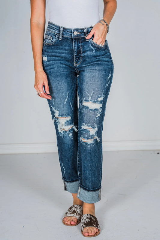 Judy Blue Mid Rise Cuffed Destroy Boyfriend Jeans