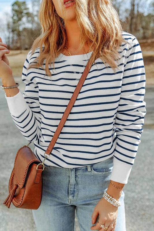 Casual Striped Print Ribbed Trim Long Sleeve Top:Blue