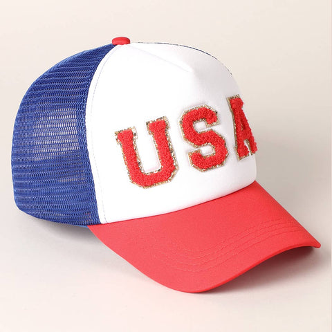 USA Letter Chenille Patched Trucker Hat: ONE SIZR / MULTI