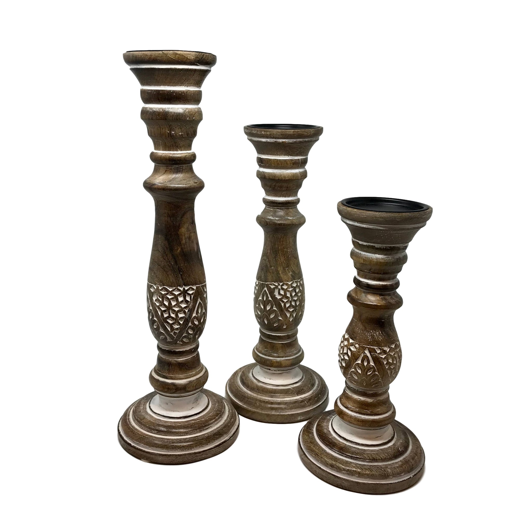 Set of 3 Fern Design Hand-Carved Wood Candle Holders