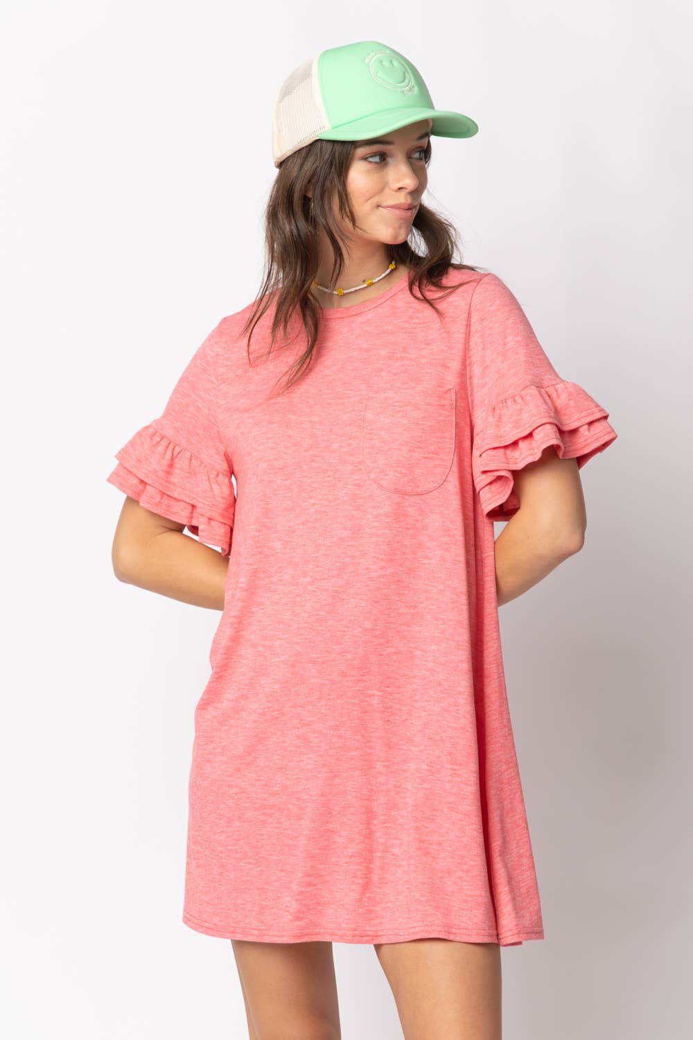 ND30255-French Terry Pocket Tee Shirt Dress: CORAL