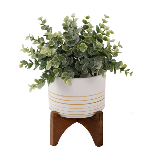 Artificial Eucalyptus in 4.75" Ceramic Pot on Wood Stand