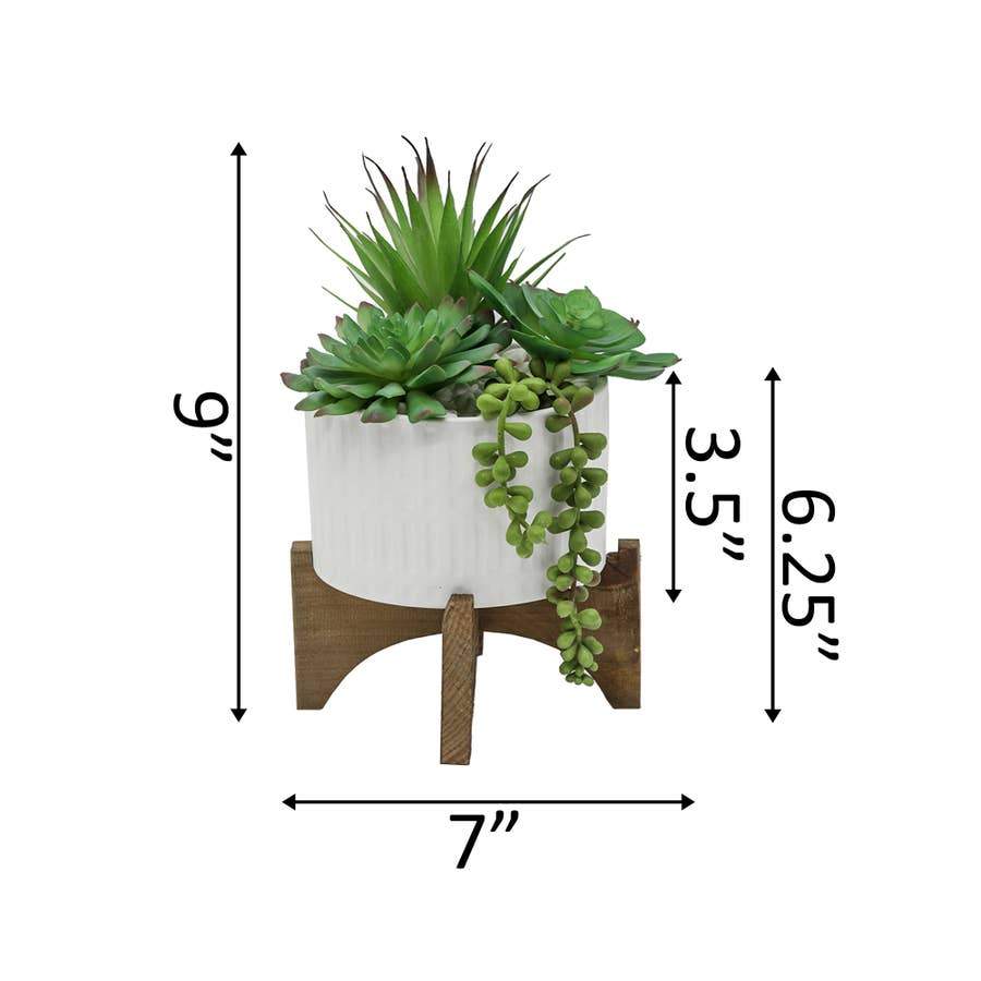 Faux Succulents in Ceramic Planter with Wood Stand