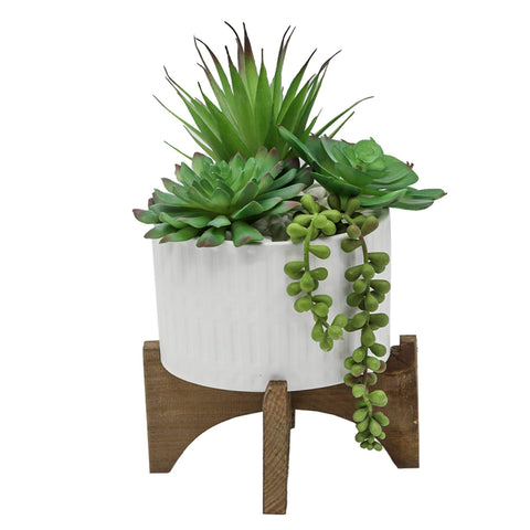 Faux Succulents in Ceramic Planter with Wood Stand