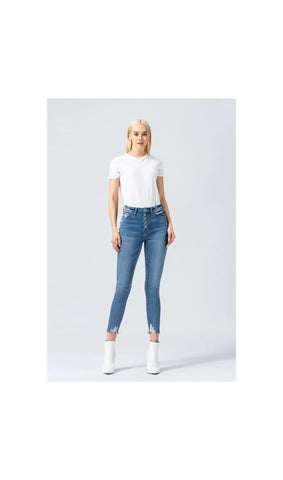 HIGH RISE BUTTON UP DISTRESSED HEM CROP SKINNY  JEANS