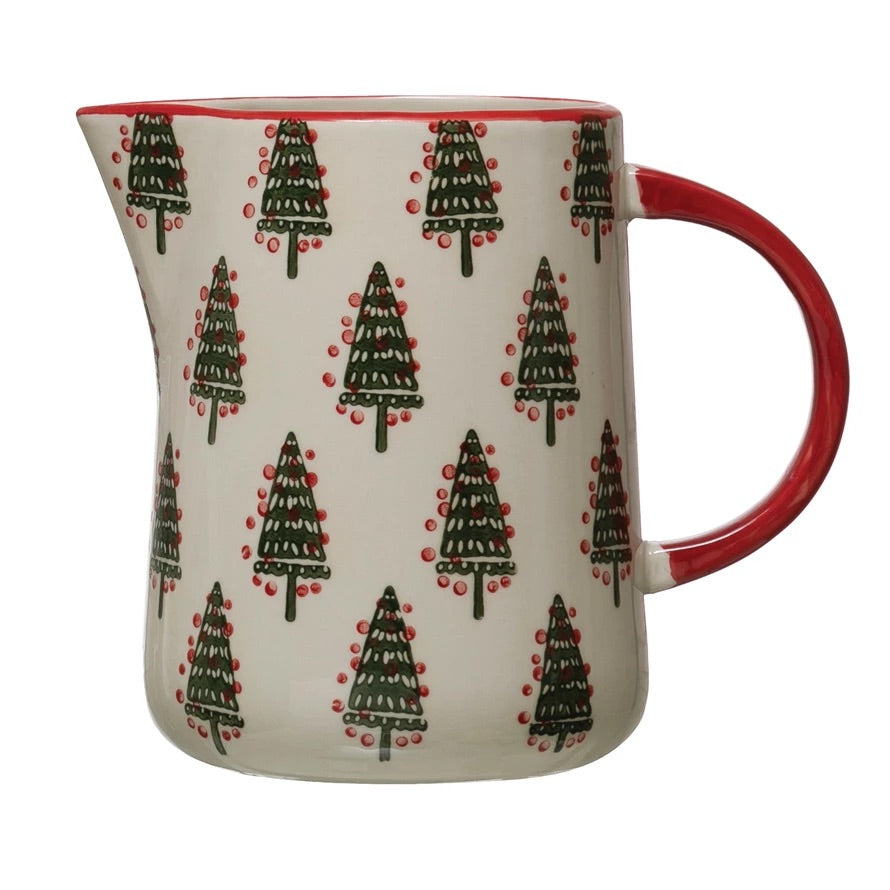 Hand-Painted Stoneware Pitcher with Tree Pattern