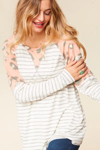 PEACH IVORY & GREY STRIPE CHEETAH  RAGLAN SLEEVE BLOUSE