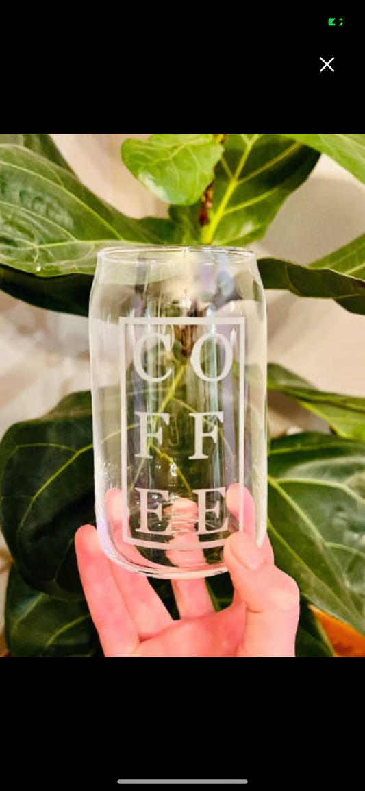 Coffee Etched Beer Can Glass w/ Lid & Straw