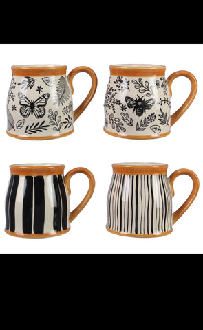 Stoneware Black & White Botanical Patterned Mug