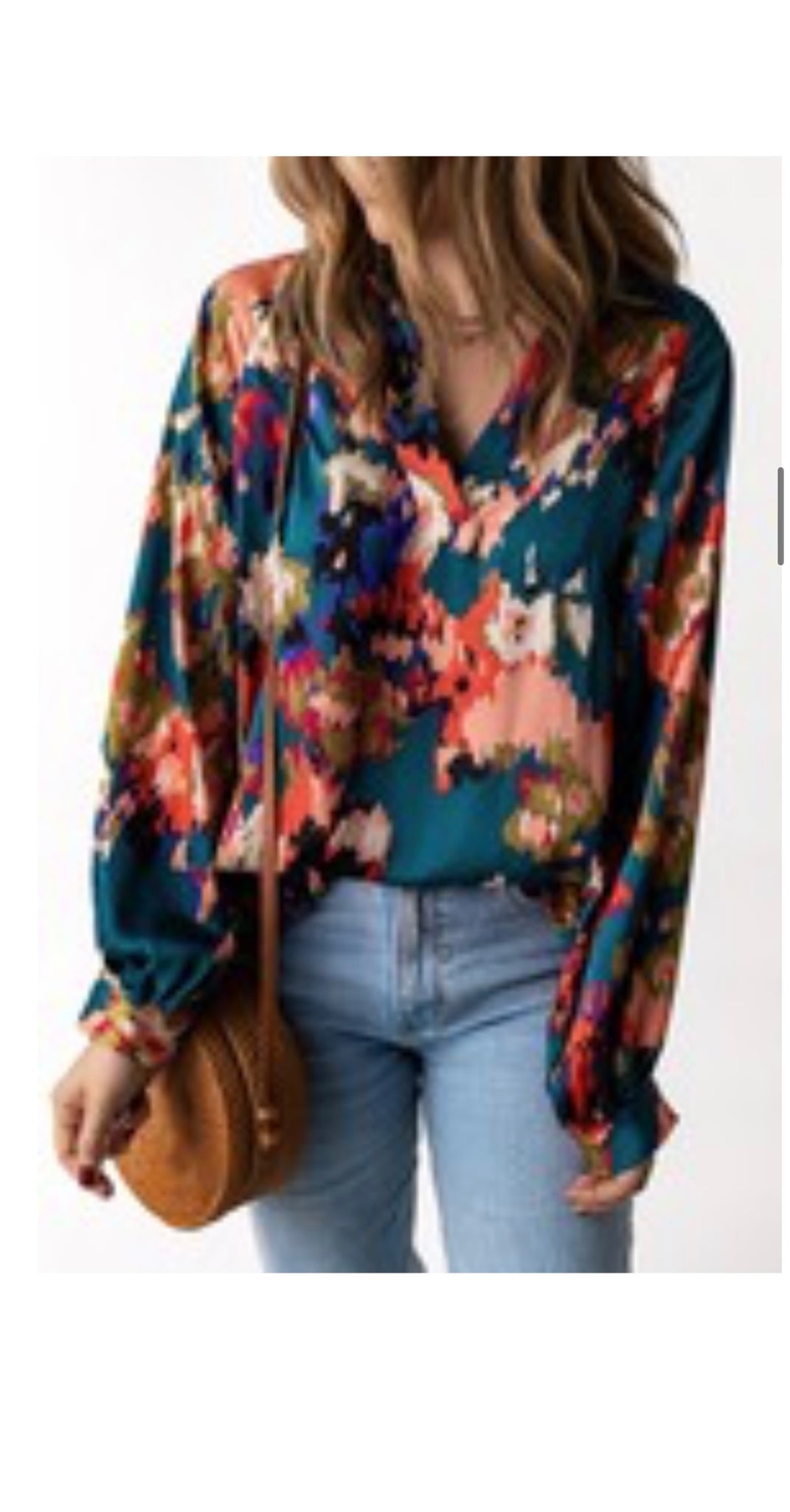 Teal Multi Color Vneck Blouse