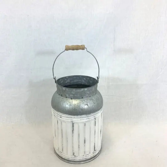 GALV & WHITE MILK CAN AND WOOD HANDLE