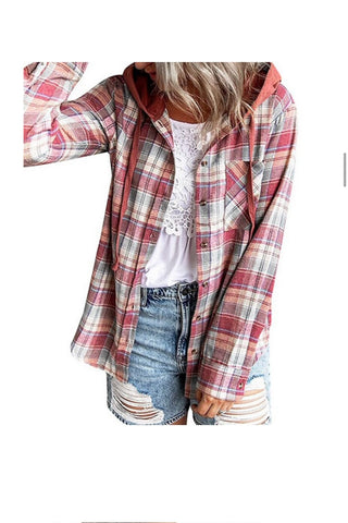 Red Drawstring Hooded Plaid Lightweight Jacket