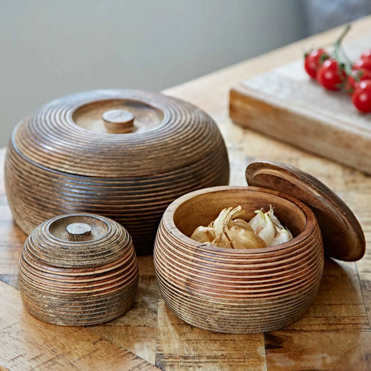 Small- Handmade Carved Mango Wood Bowl With Lid