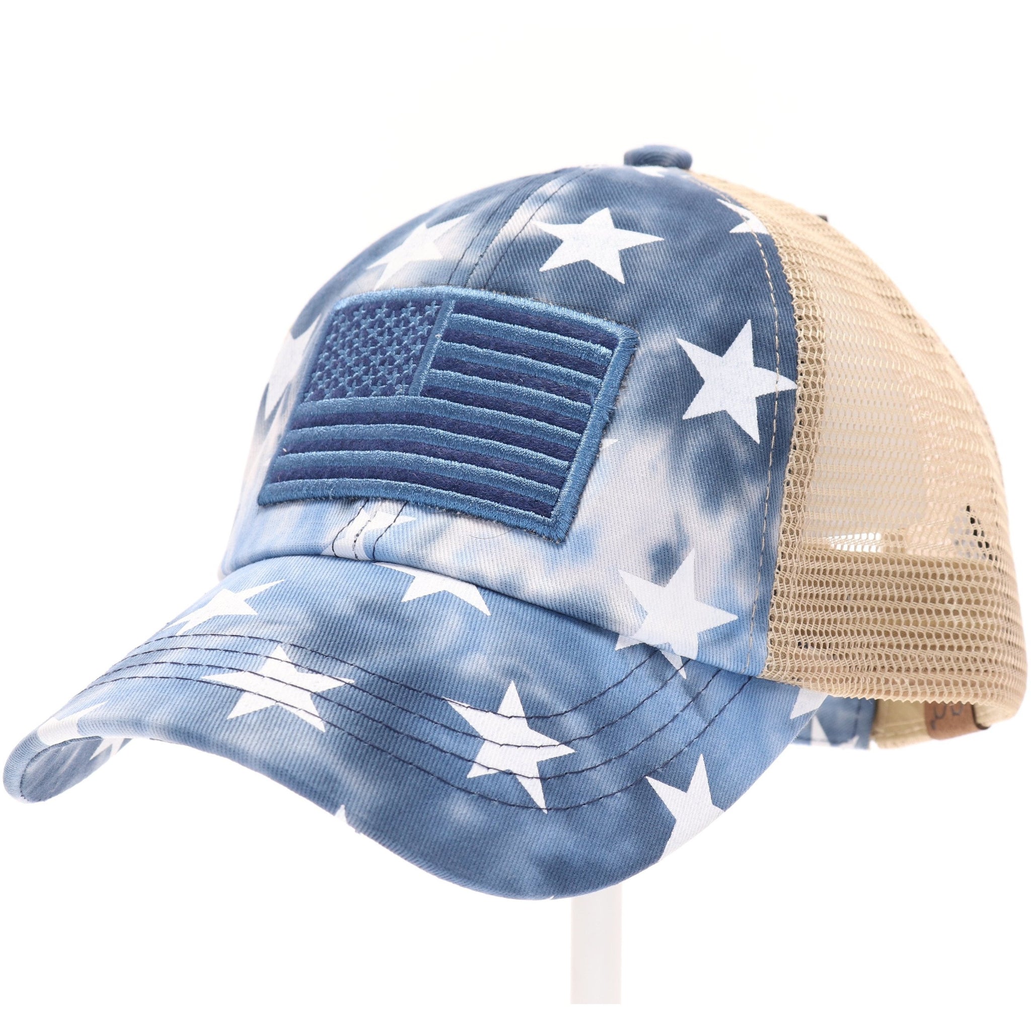 Tie Dye Star Print with USA Flag Patch Criss Cross High Pony CC Ball Cap -Adult