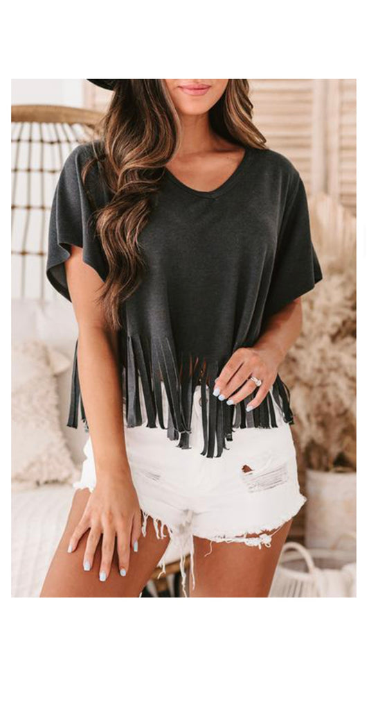 Black Fringe Vneck Short Sleeve