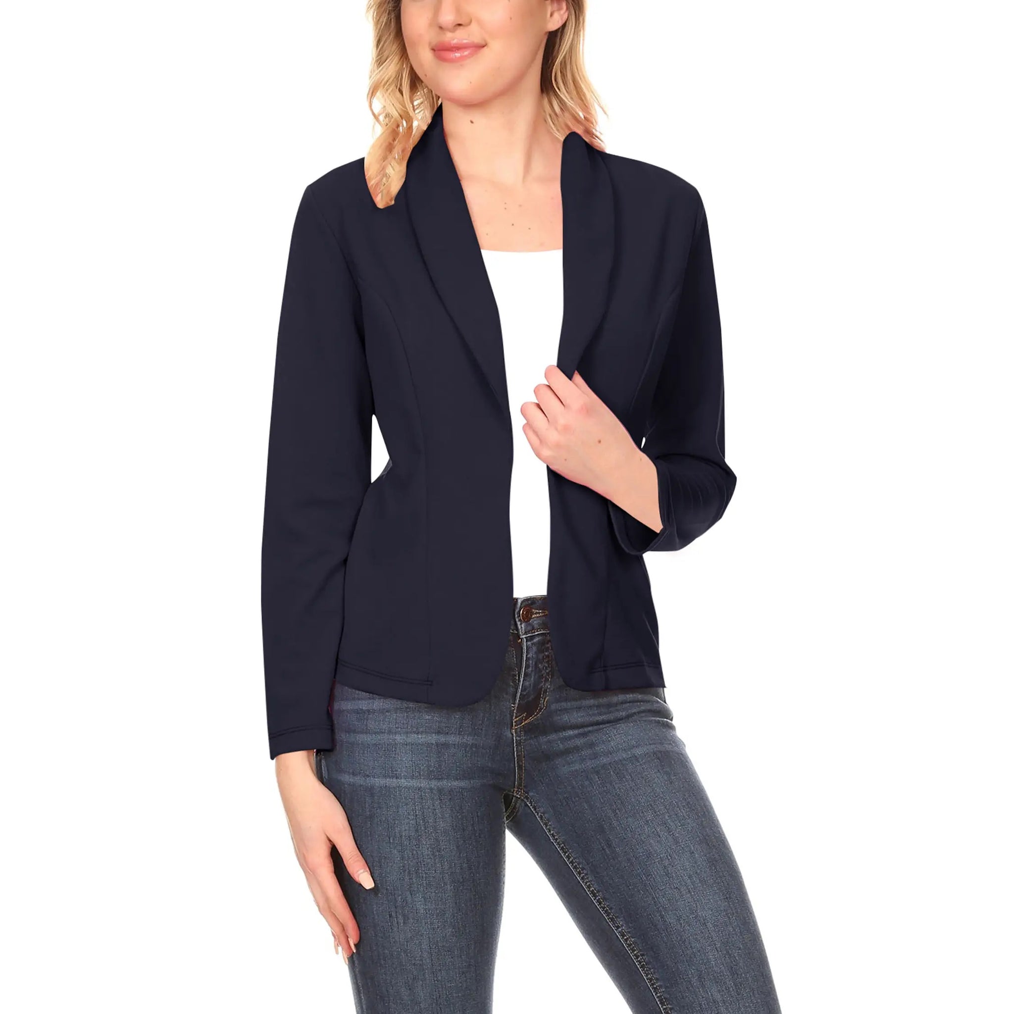 Navy Women's Casual Solid Fitted Long Sleeve Blazer Jacket