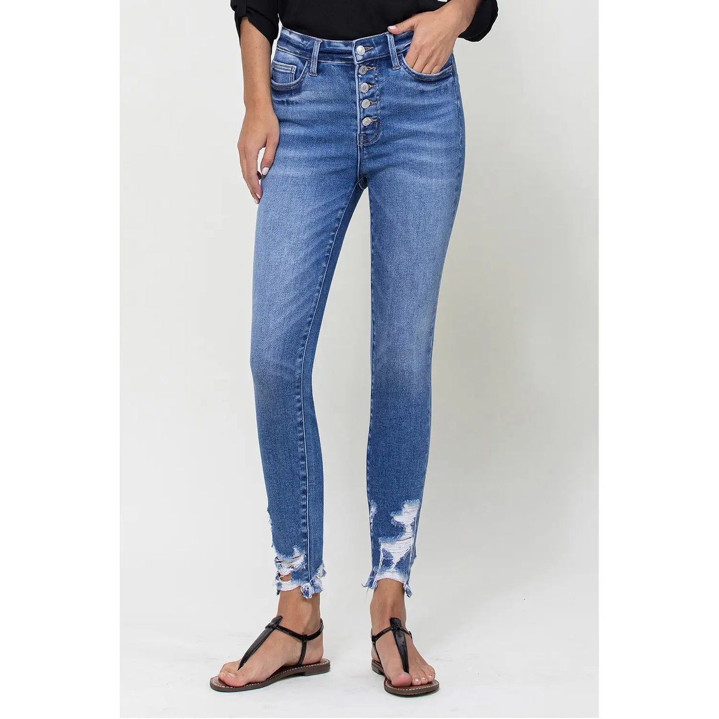 Exposed Button High Rise Crop Skinny W Distressed