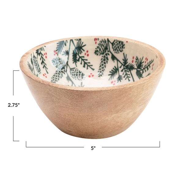 Enameled Mango Wood Bowl w/ Christmas Pine Pattern