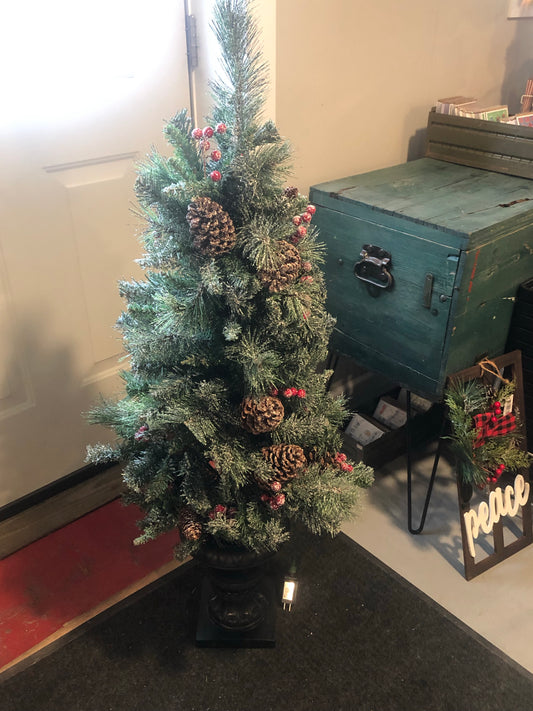 Flocked Lighted Christmas Tree w/ Berries and Pine Cones