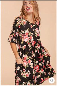 Black Floral Tunic Pocketed Dress Elbow Length Sleeve