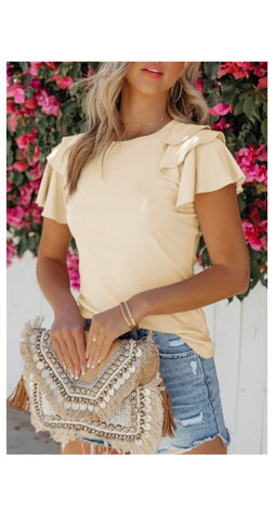 Tan/Apricot Ruffle Short Sleeve Top