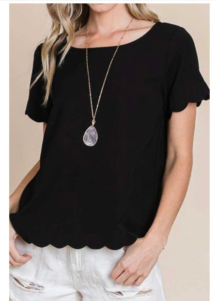 Solid Scallop Edge Short Sleeve Top