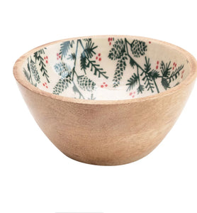 Enameled Mango Wood Bowl w/ Christmas Pine Pattern