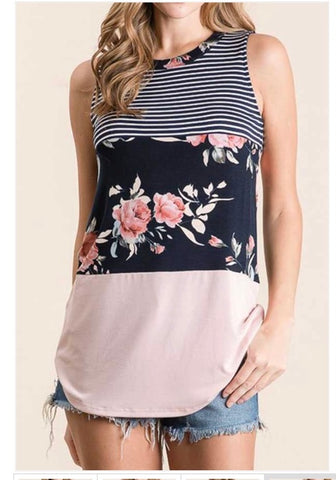 Pin Stripe & Floral Color Block Sleeveless Top