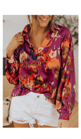 Purple Multi Color Vneck Blouse