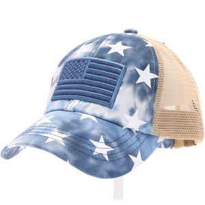 Tie Dye Star Print with USA Flag Patch Criss Cross High Pony CC Ball Cap -Kids